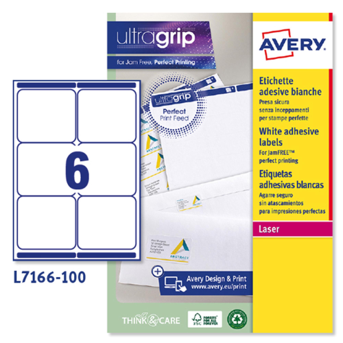 Etichette adesive L7166 - in carta - angoli arrotondati - laser - permanenti - 99,1 x 93,1 mm - 6 et/fg - 100 fogli - bianco - Avery